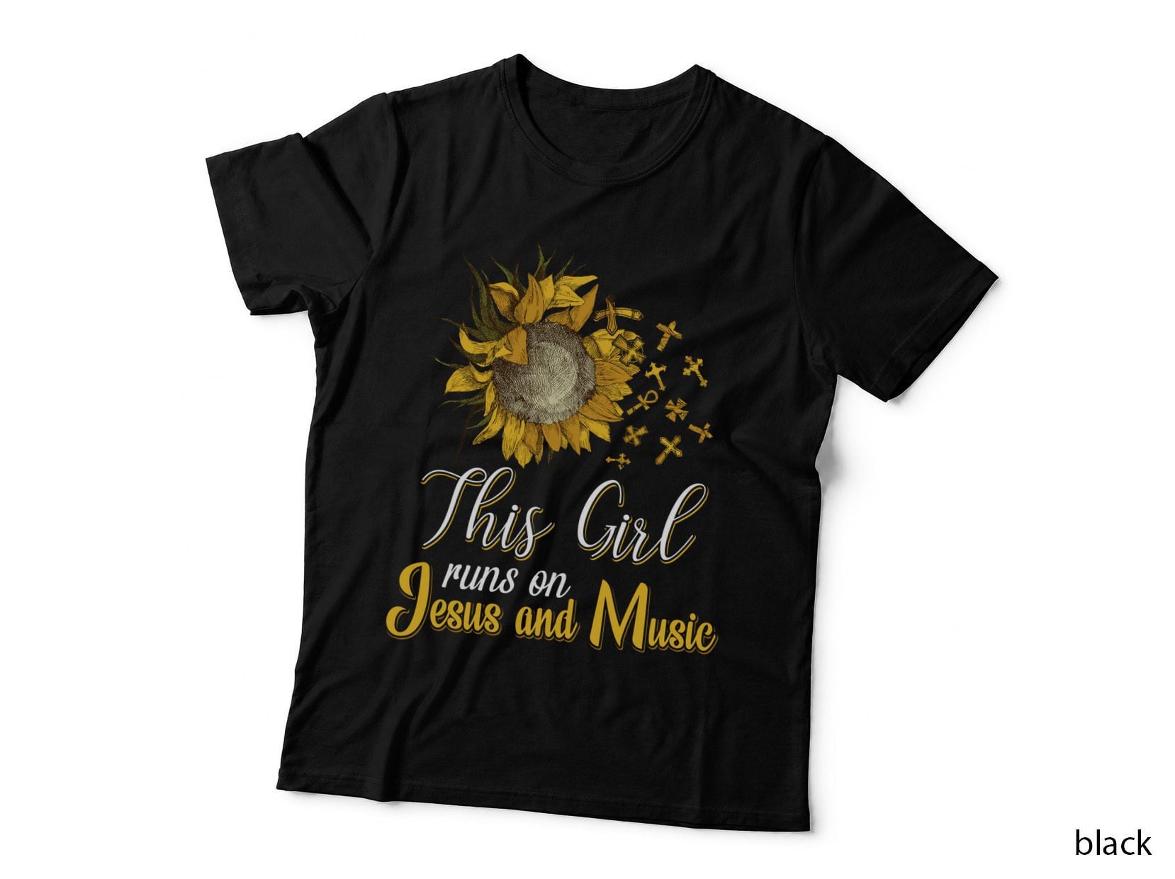 Sunflower Jesus Music T-Shirt, Religious Floral Print
