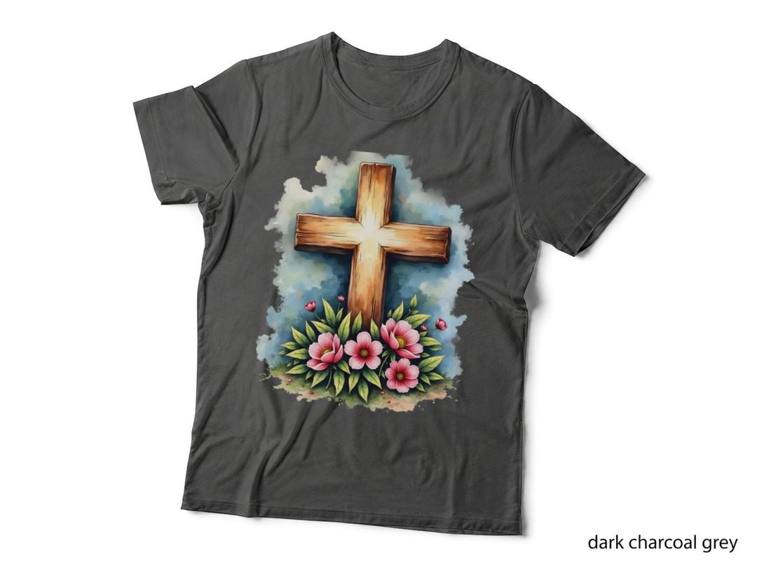 Christian Cross Flowers Watercolor Style Religious Faith Church Graphic T-Shirt
