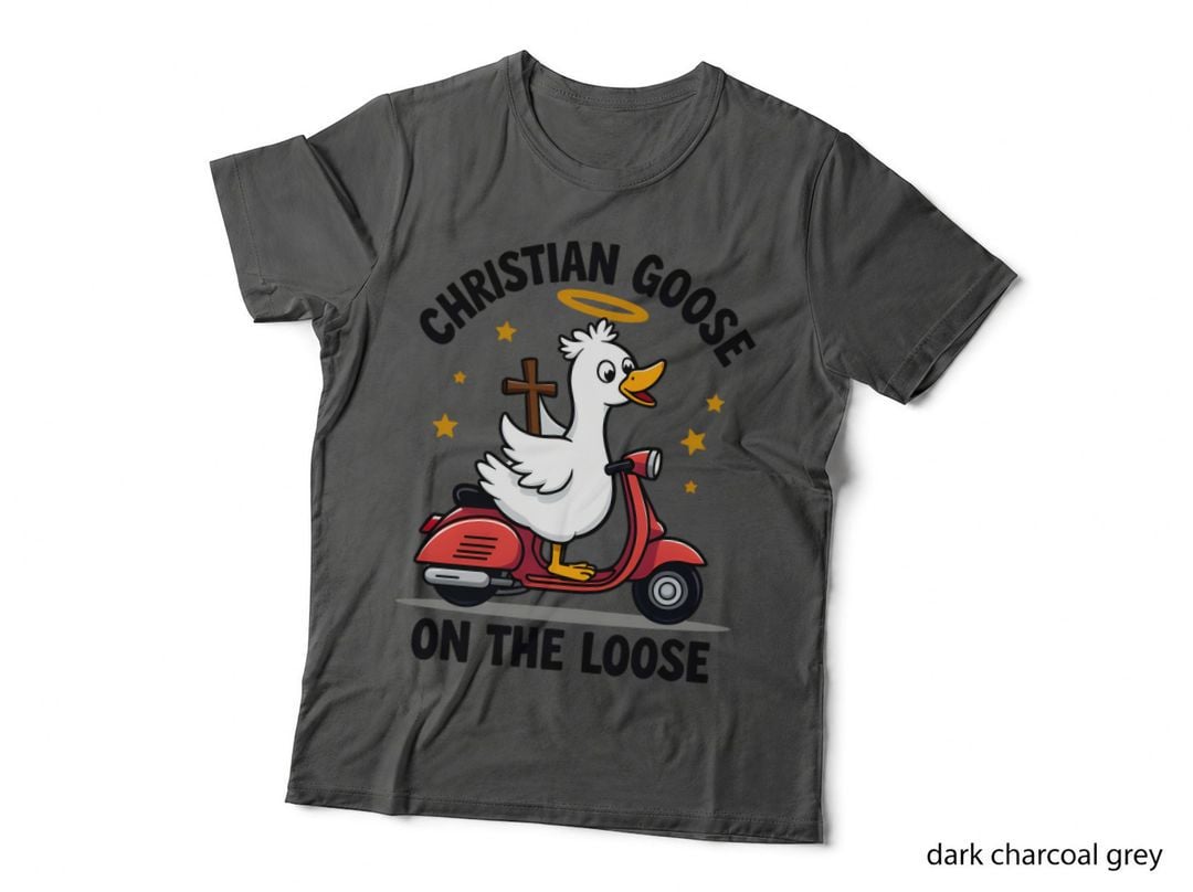 Christian Goose on the Loose Cartoon Scooter Halo Cross Funny T-Shirt