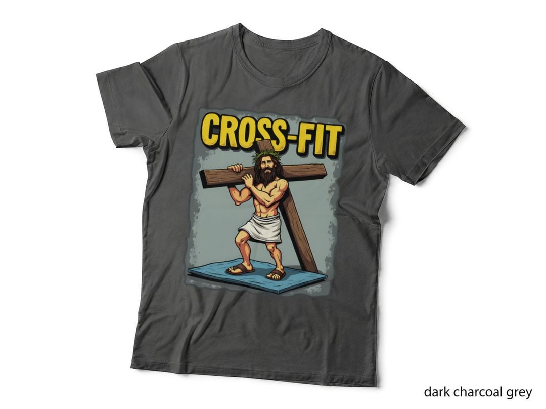 Cross-Fit Jesus Humorous Christian Pun Cartoon Workout Religious Graphic T-Shirt