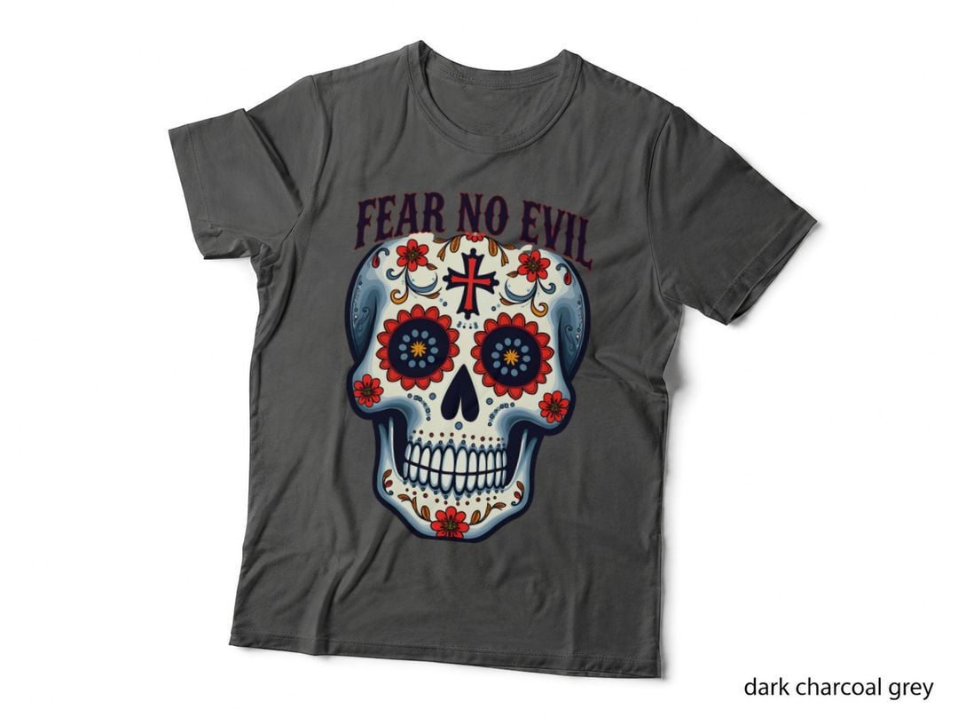 Fear No Evil Psalm 234 Vibrant Sugar Skull Floral Tattoo Art Design T-Shirt