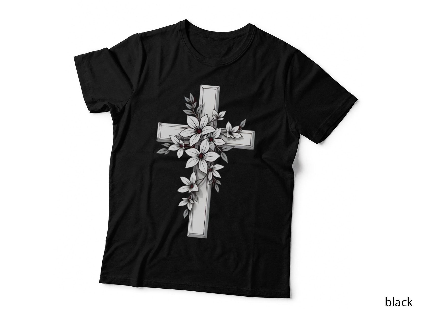 White Cross Adorned Flowers Leaves Depth Dimensionality Christian Love T-Shirt