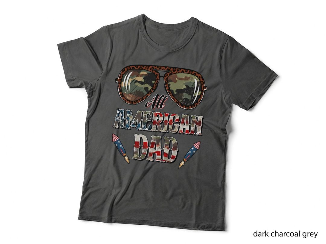 All American Dad Fathers Day T-Shirt, Camo Sunglasses with Rockets Graphic Tee