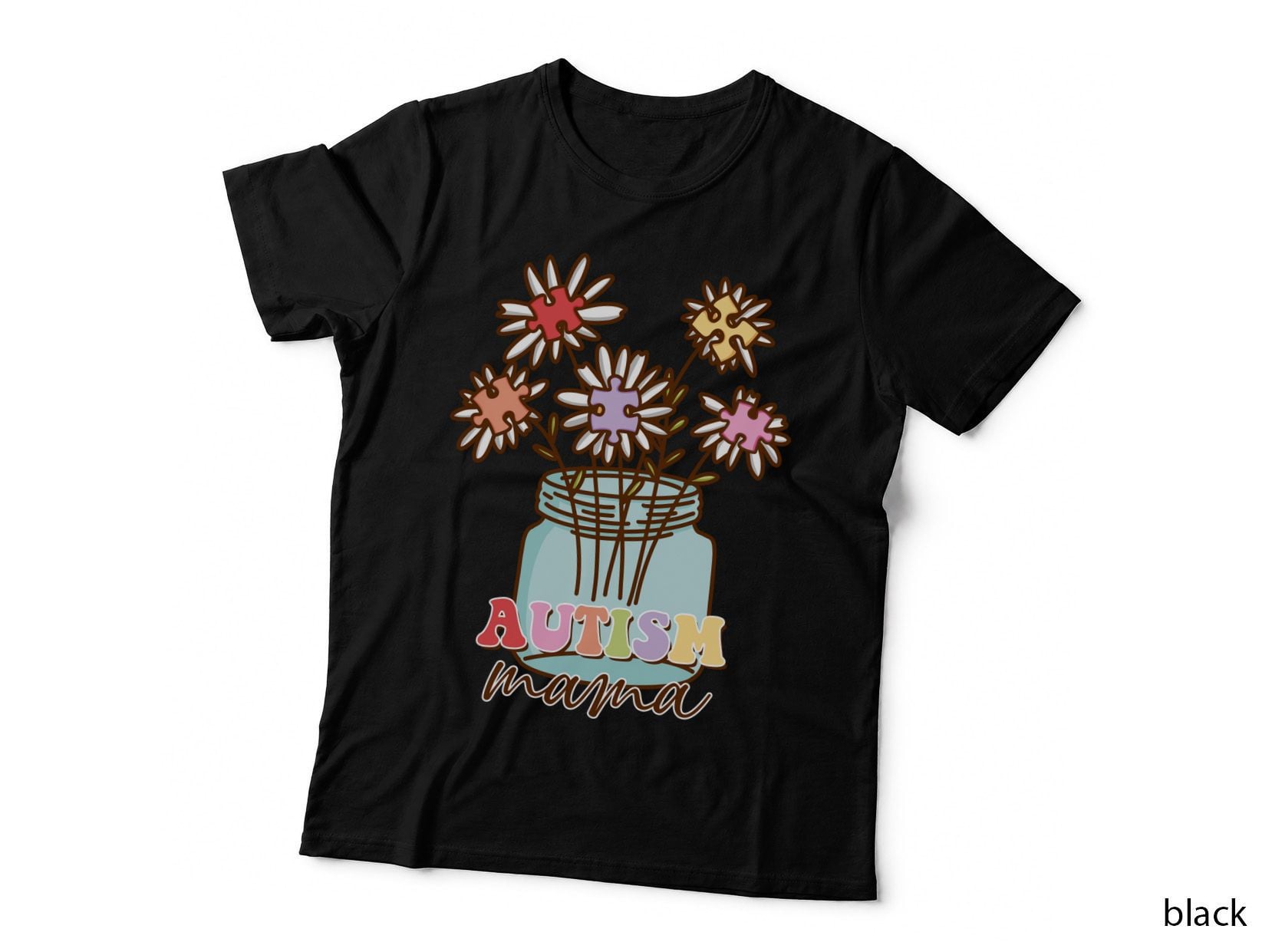 Autism Mama Autism T-Shirt, Flowers in Jar with Puzzle Pieces Graphic Tee