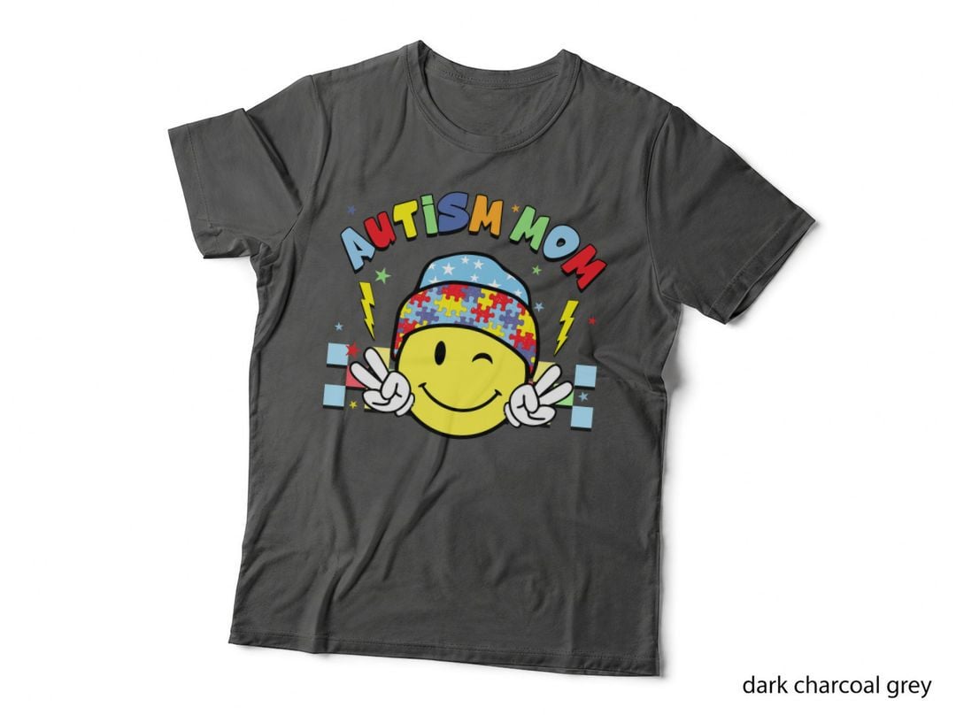 Autism Mom Autism T-Shirt, Smiley Face with Puzzle Piece Hat Graphic Tee