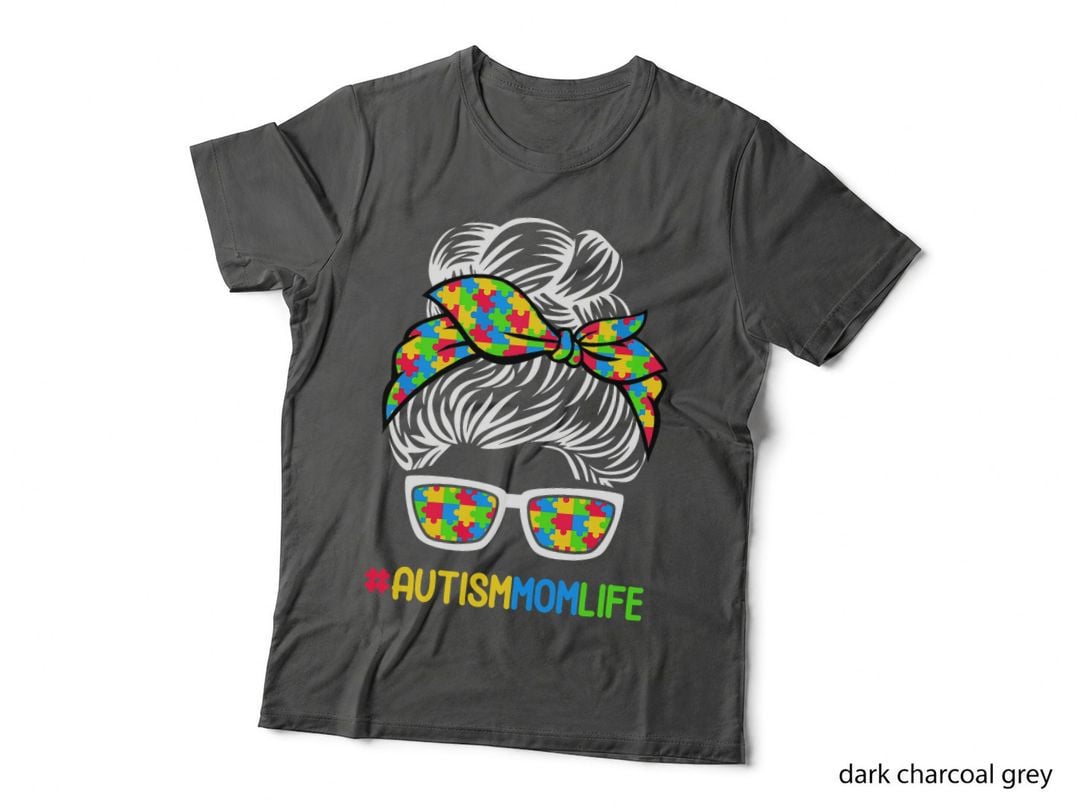 Autism Mom Life Awareness Messy Bun Puzzle Piece Mama Mother T-Shirt