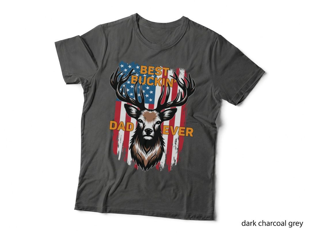 Best Buckin' Dad Ever Hunting T-Shirt, Deer Head Silhouette with American