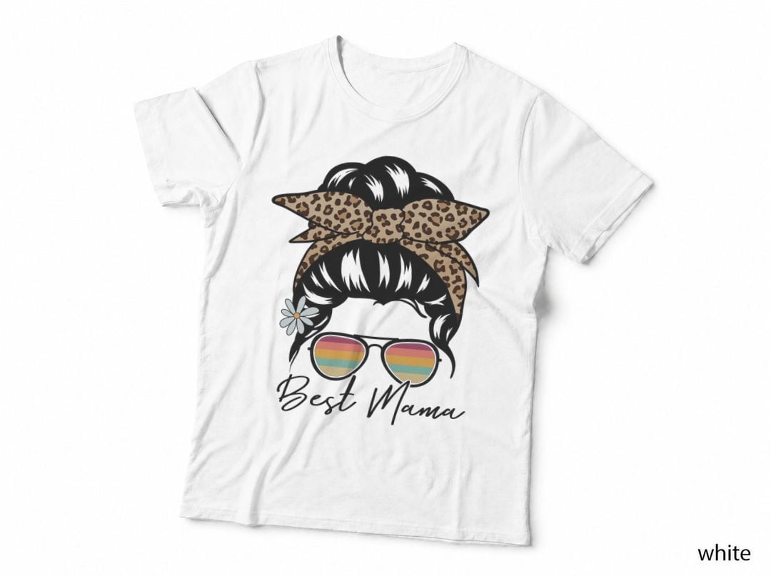 Best Mama Mothers Day T-Shirt, Messy Bun with Leopard Bow and Graphic Tee