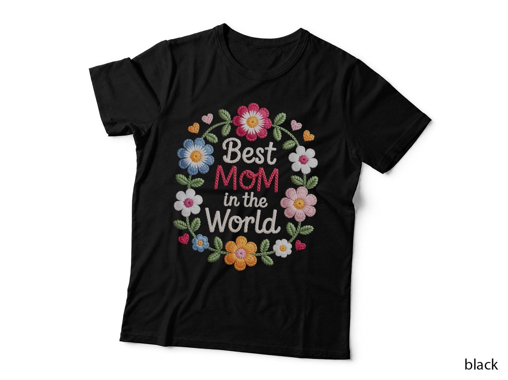 Best Mom in the World Mama Crochet T-Shirt, Floral Wreath with Hearts Graphic