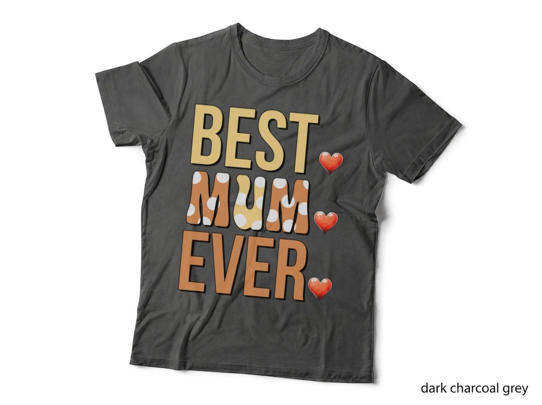 Best Mum Ever Softball T-Shirt, Polka Dot Hearts on Gray Background Graphic Tee