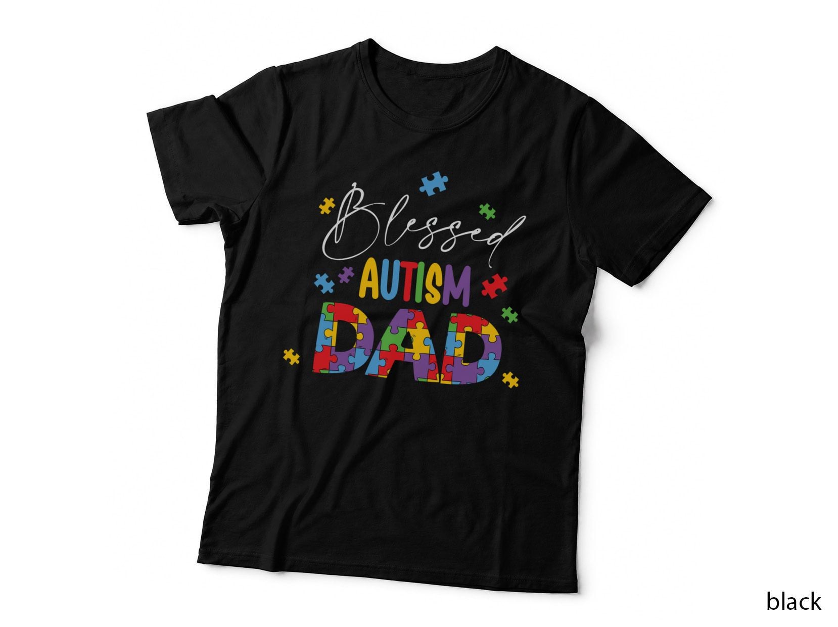 Blessed Autism Dad Autism T-Shirt, Colorful Puzzle Pieces Forming a Graphic Tee