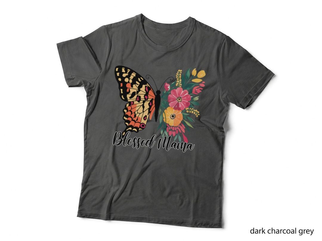Blessed Mama Mom T-Shirt, Butterfly & Flowers on Gray Graphic Tee