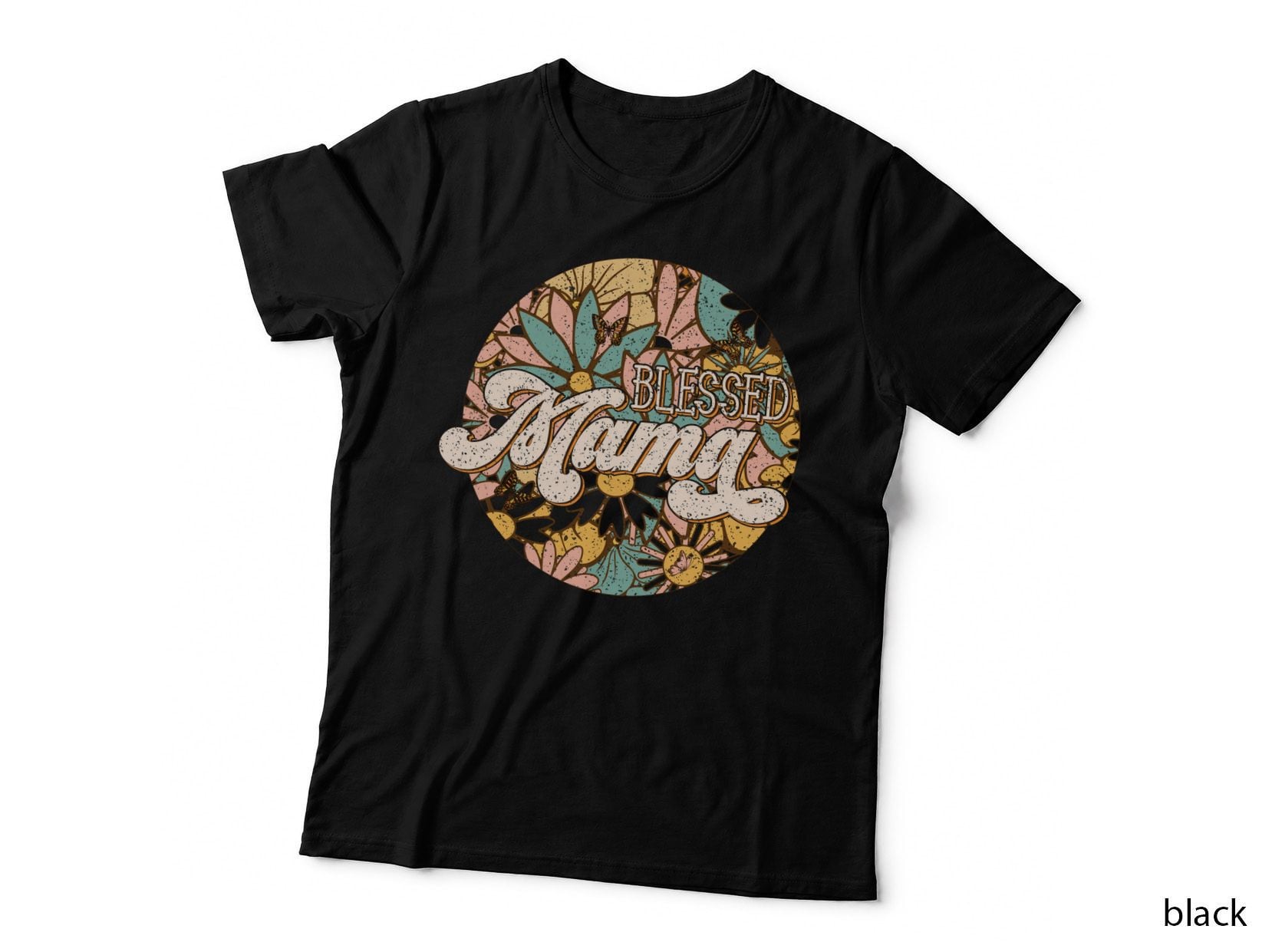 Blessed Mama Mothers Day T-Shirt, Floral Butterflies Circle Pattern Graphic Tee