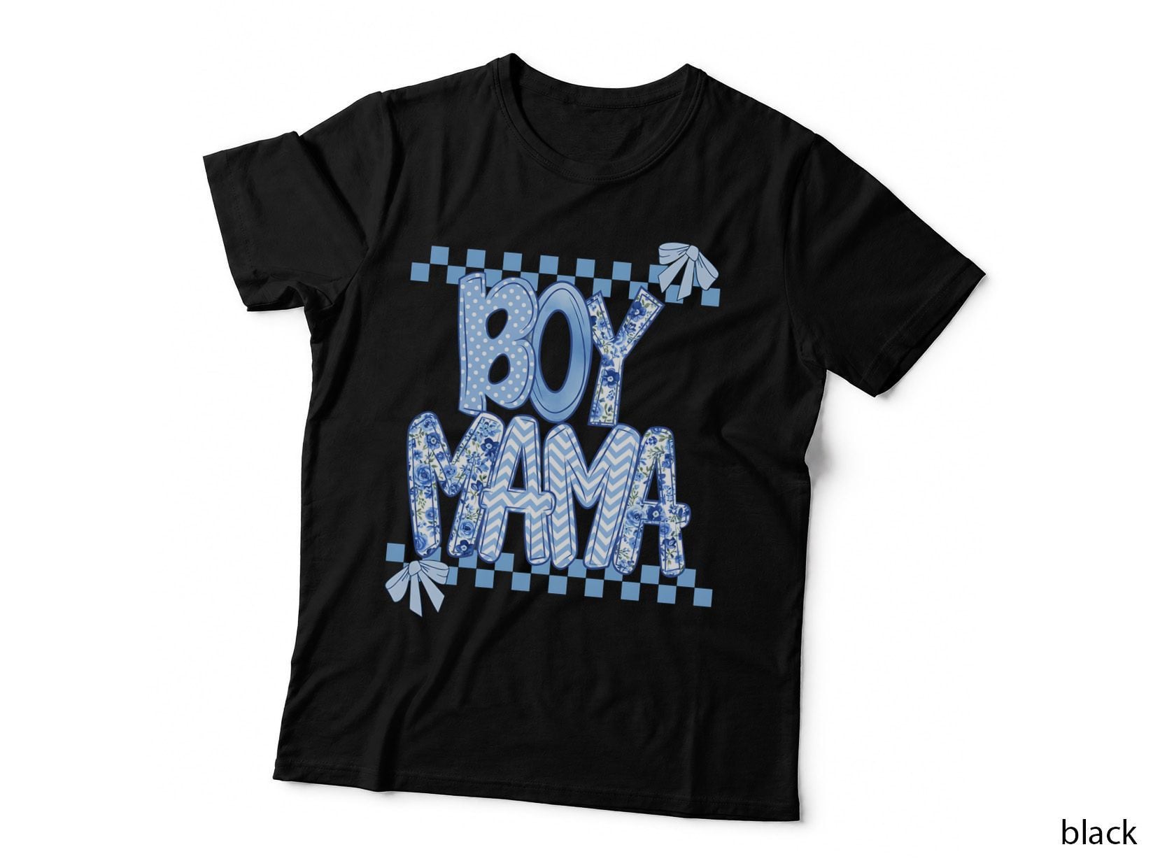 Boy Mama Boy Girl Mom T-Shirt, Blue Floral and Chevron Patterned Graphic Tee
