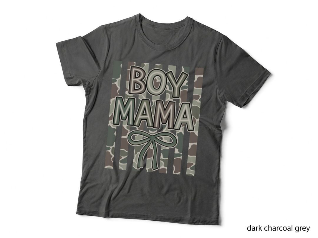 Boy Mama Boy Girl Mom T-Shirt, Camo Stripes with Bow Graphic Tee