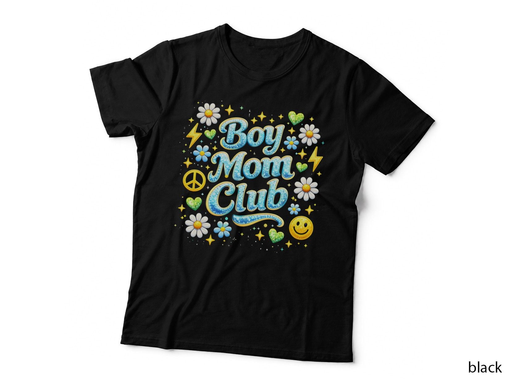 Boy Mom Club Boy Girl Mom T-Shirt, Sparkly Floral and Starry Background Graphic