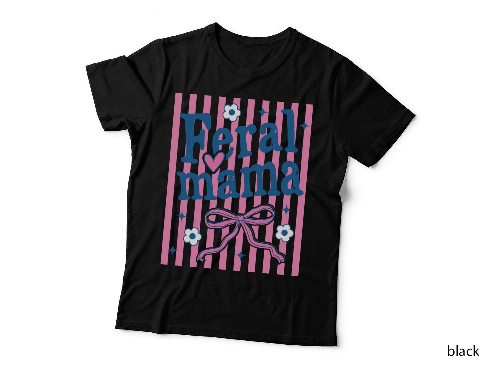Feral Mama Funny Mama T-Shirt, Striped Background with Flowers and Graphic Tee