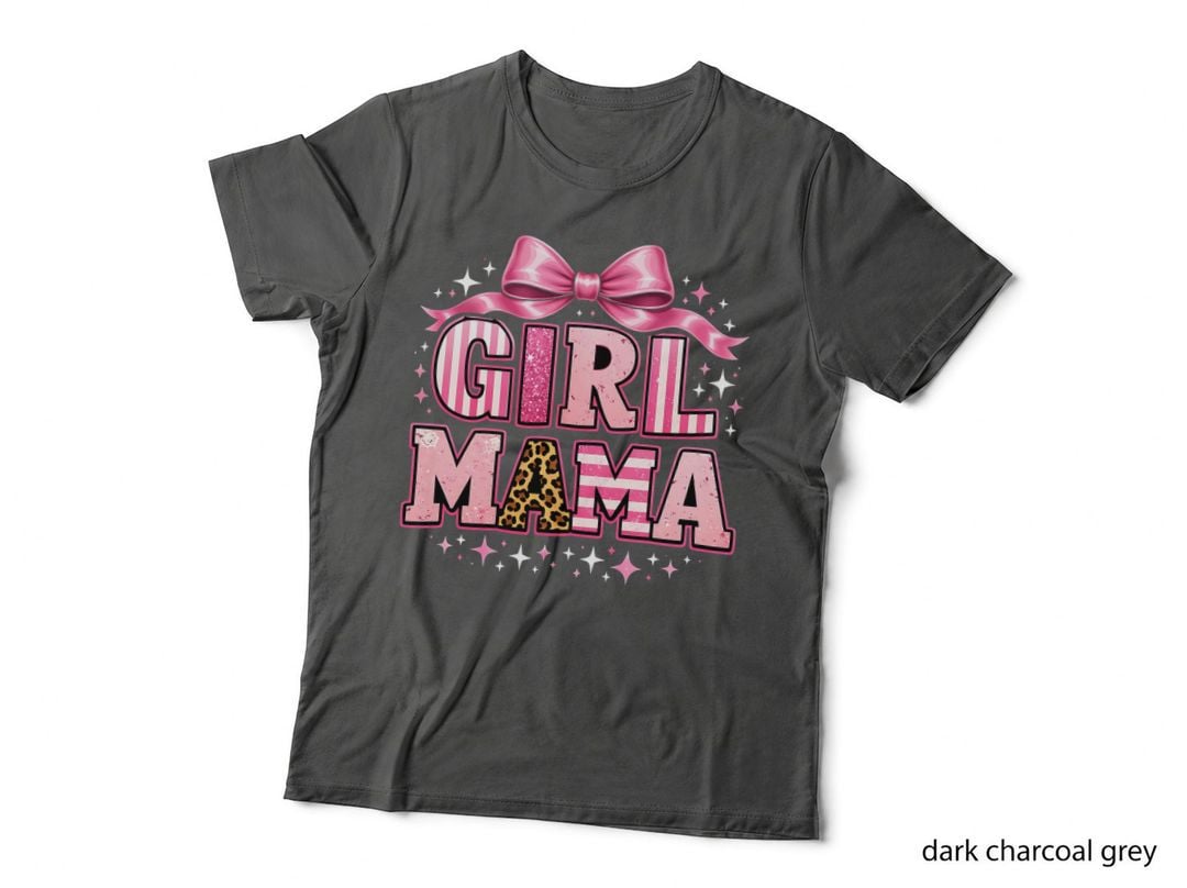 Girl Mama Boy Girl Mom T-Shirt, Pink Bow Leopard Print Glittery Graphic Tee