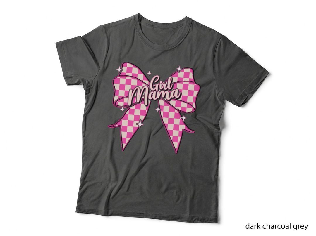 Girl Mama Boy Girl Mom T-Shirt, Pink Checkered Bow with Stars Graphic Tee