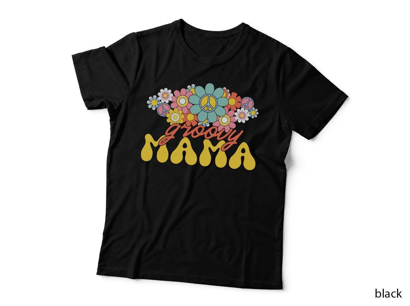 Groovy Mama Mom Design T-Shirt, Colorful Flowers with Peace Symbols Graphic Tee
