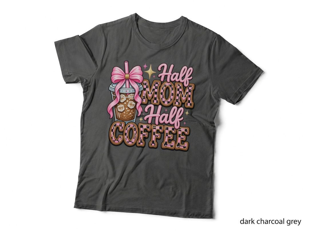 Half Mom Half Coffee Mama Crochet T-Shirt, Pink Bow Coffee Drink Illustration