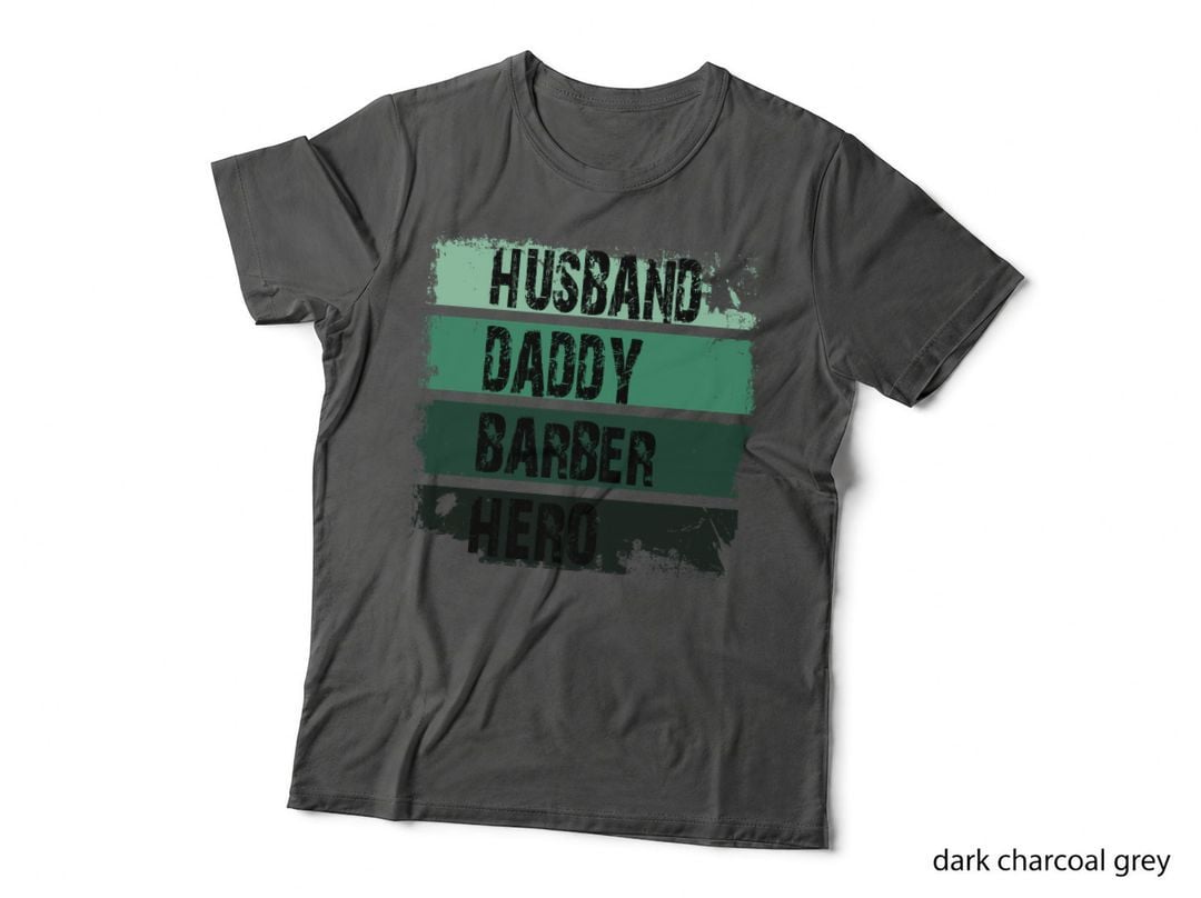 Husband Daddy Barber Hero Barber T-Shirt, Green Stripes with Barber Shop Theme