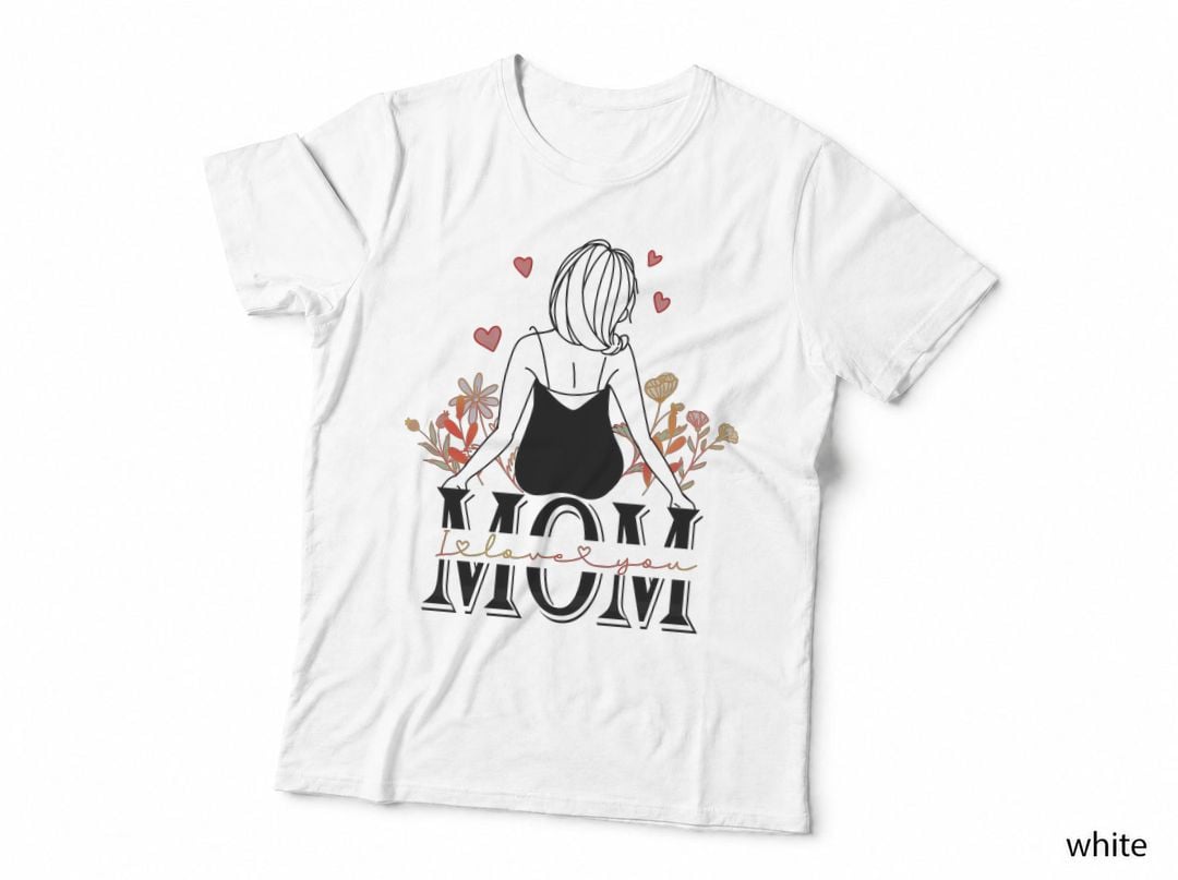 I Love You Mom Mothers Day T-Shirt, Mom Silhouette Surrounded by Hearts Graphic