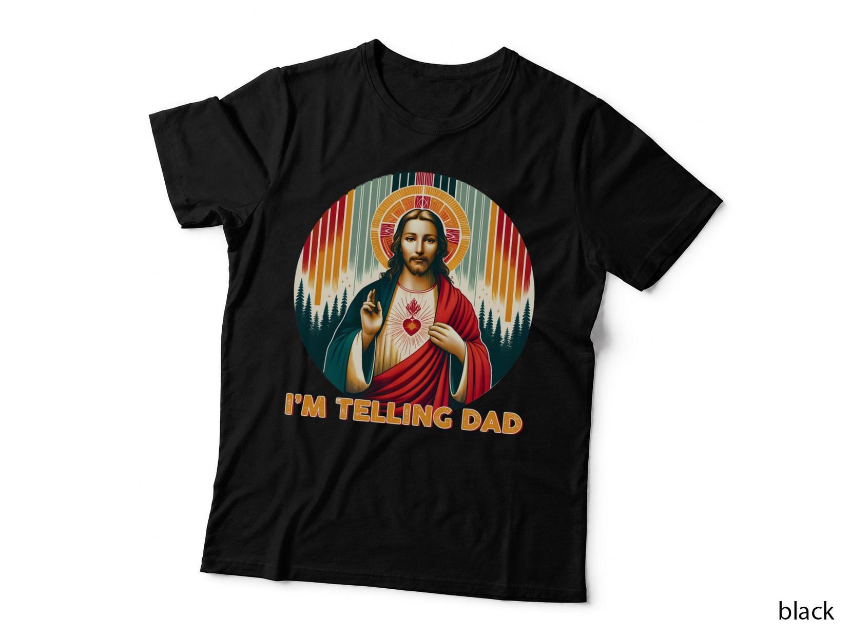 I'm Telling Dad Fathers Day T-Shirt, Sacred Heart Jesus with Forest Graphic Tee