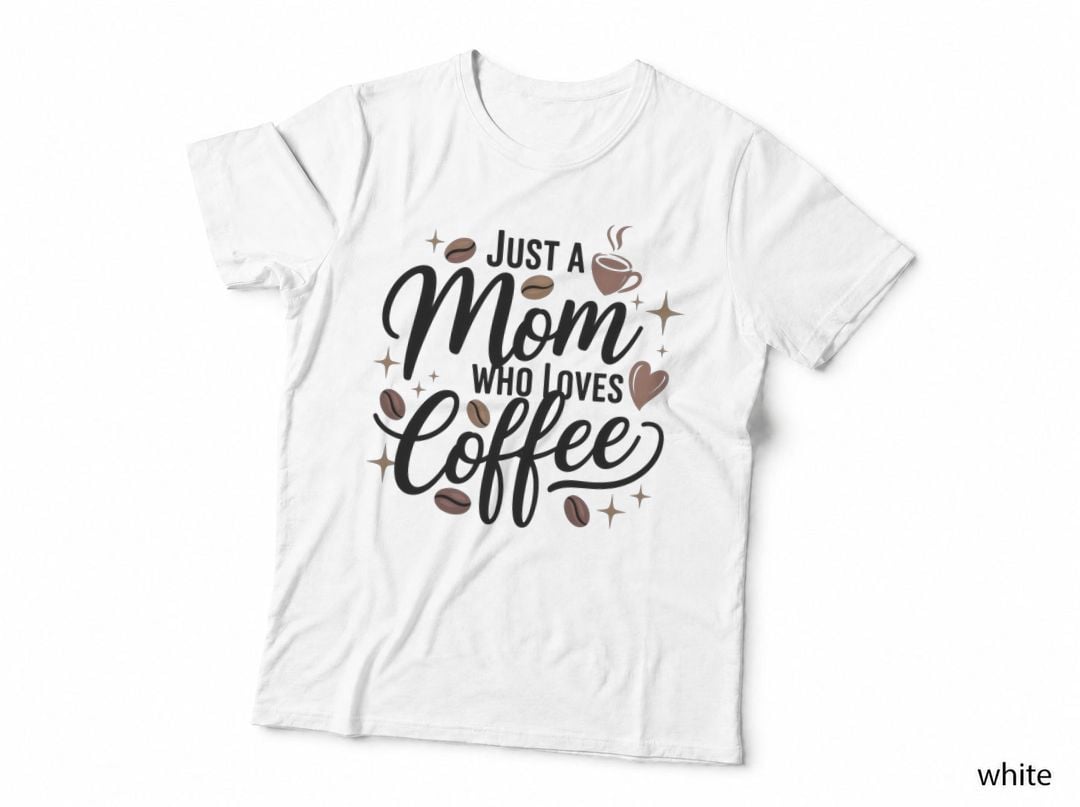 Just a Mom Who Loves Coffee Funny Mama T-Shirt, Coffee Beans and Stars on Gray