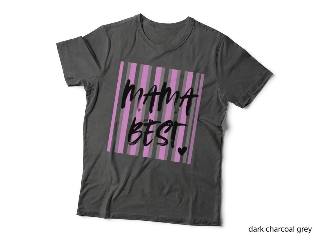 Mama Best. Funny Mama T-Shirt, Pink Striped Background with Heart Graphic Tee
