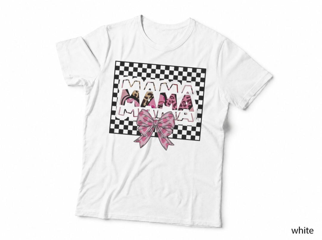 Mama Checkered Gingham Pink Bow Retro Distressed T-Shirt