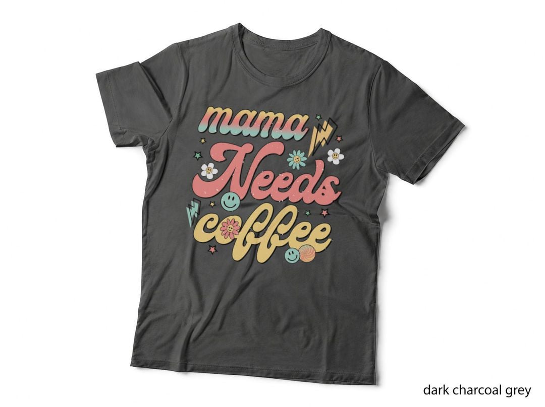 Mama Needs Coffee Mom T-Shirt, Pastel Floral Lightning Stars Graphic Tee