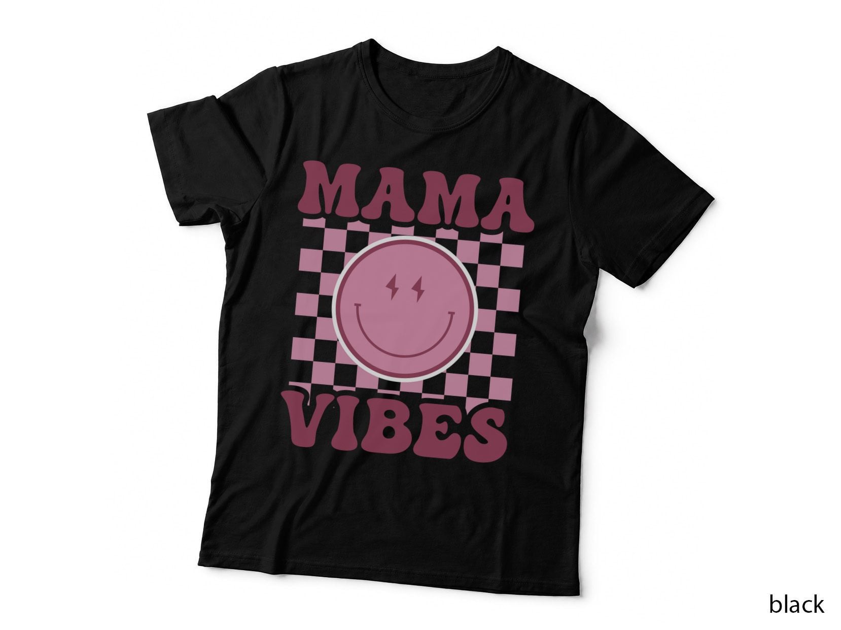 Mama Vibes Boy Girl Mom T-Shirt, Smiley Face on Checkered Background Graphic