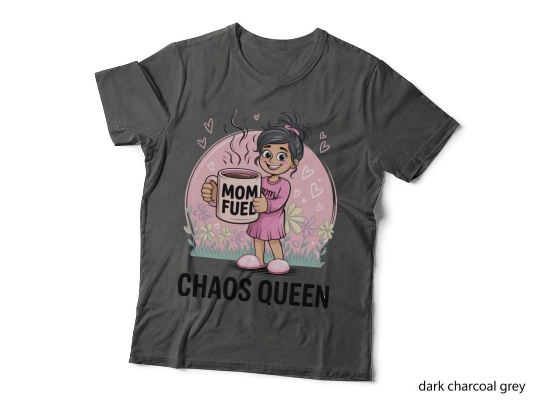 Mom Fuel Chaos Queen Funny Mama T-Shirt, Girl Holding Coffee Mug with Hearts