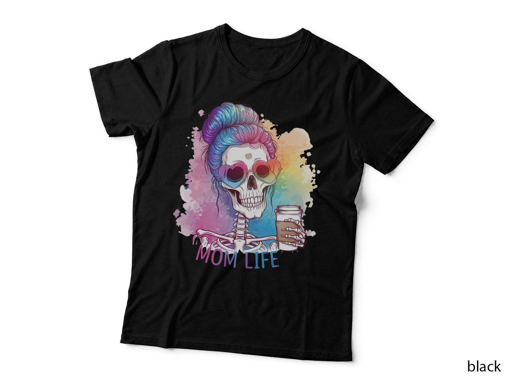 Mom Life Funny Mama T-Shirt, Colorful Skull with Coffee Graphic Tee