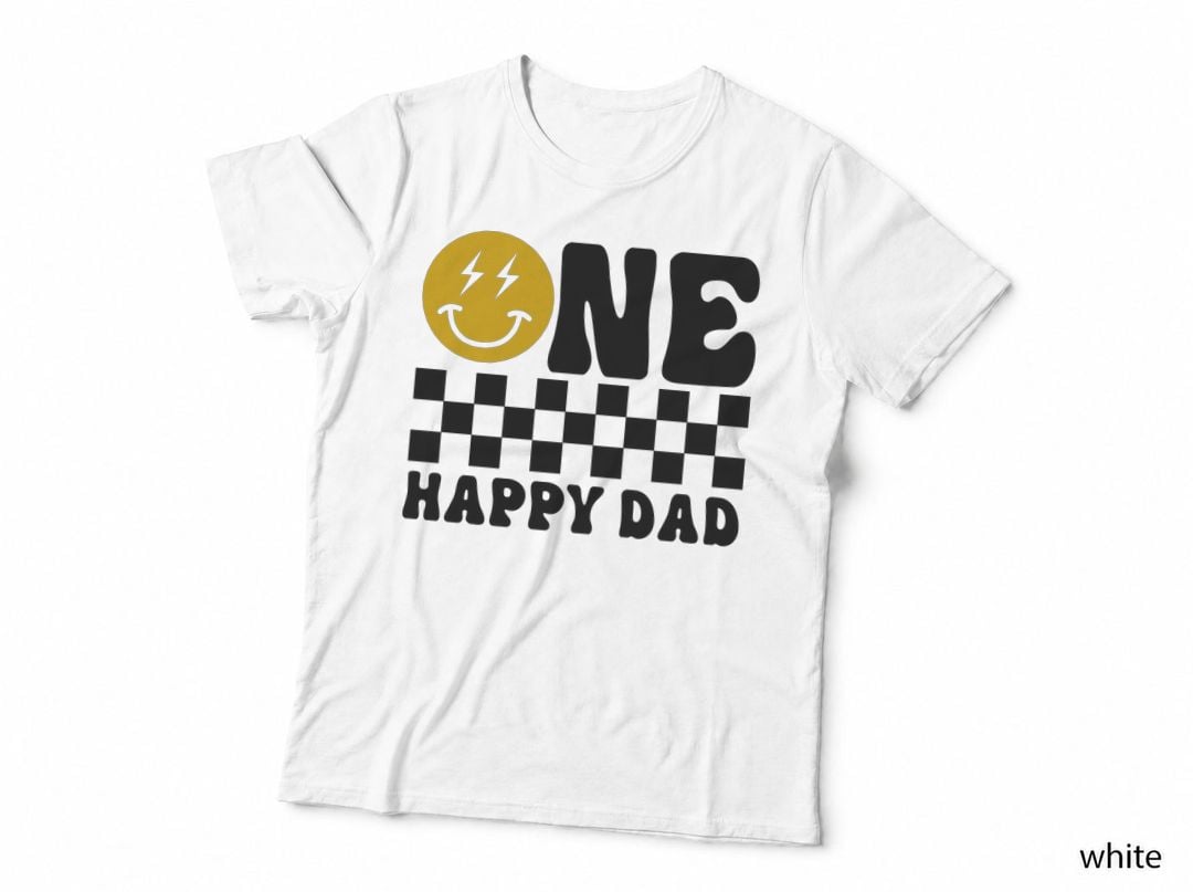 One Happy Dad Fathers Day T-Shirt, Smiley Face with Lightning Bolt Graphic Tee