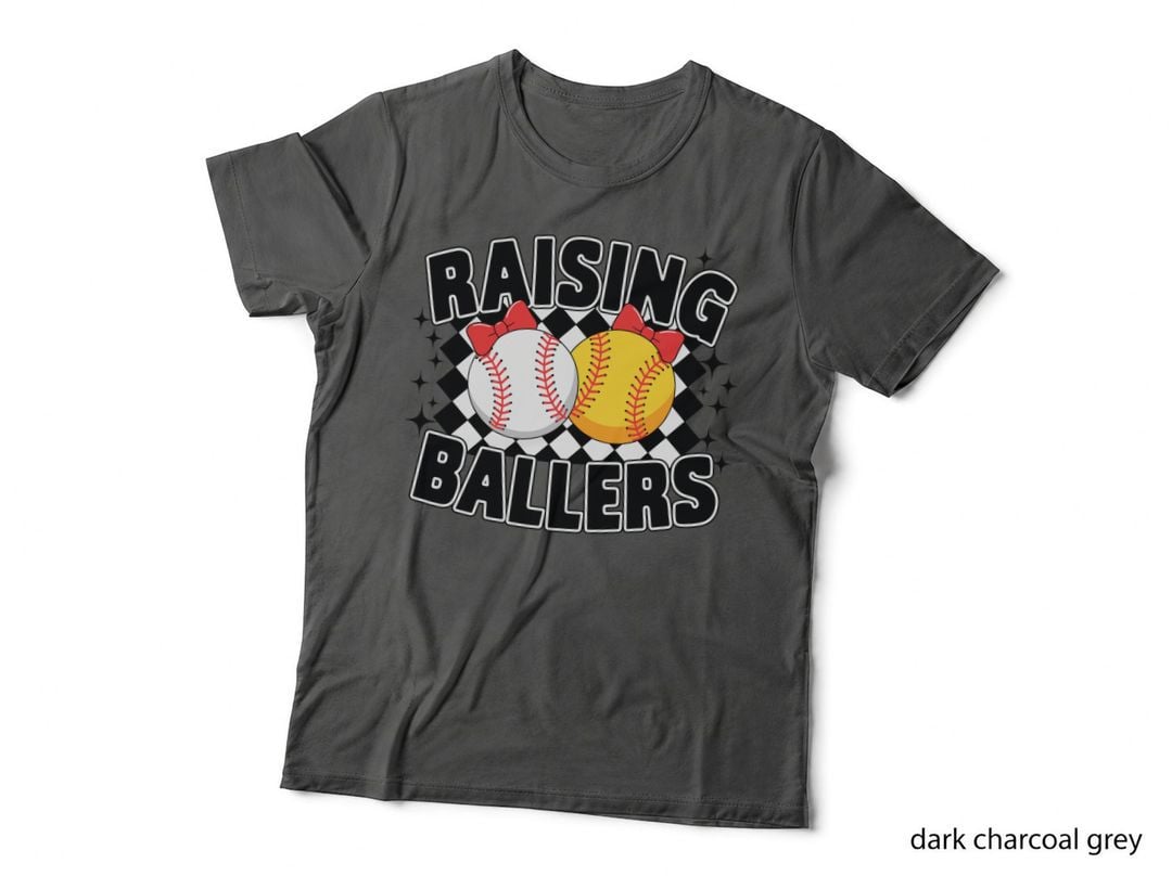 Raising Ballers Sport Mom T-Shirt, Baseballs & Softballs with Bows Graphic Tee