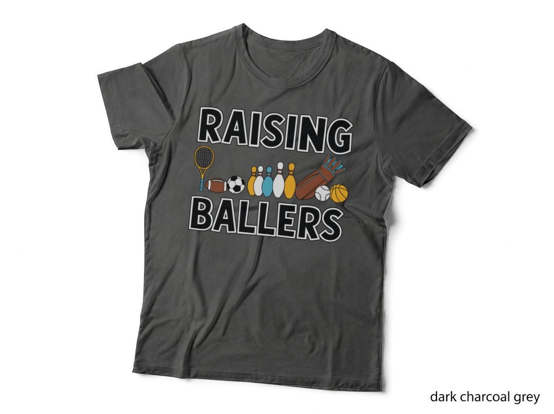 Raising Ballers Sport Mom T-Shirt, Sports Equipment Collage Graphic Tee