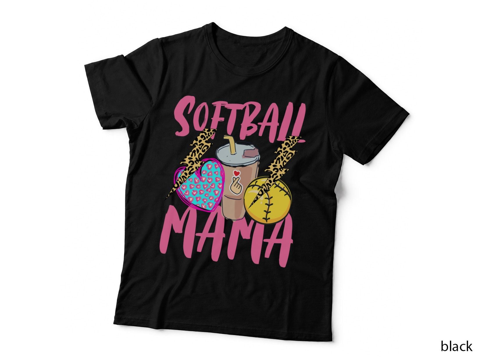 Softball Mama Sport Mom T-Shirt, Softball Mom with Drink and Heart Graphic Tee