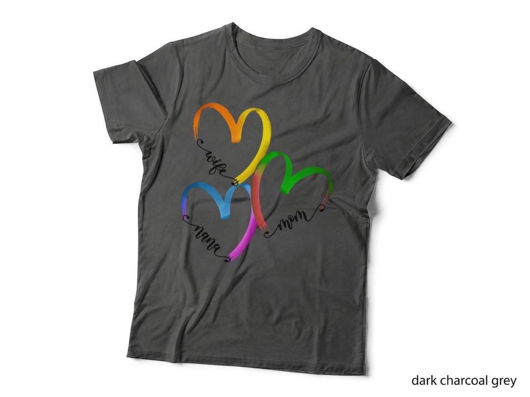 Wife Nana Mom T-Shirt, Colorful Hearts with Roles Graphic Tee
