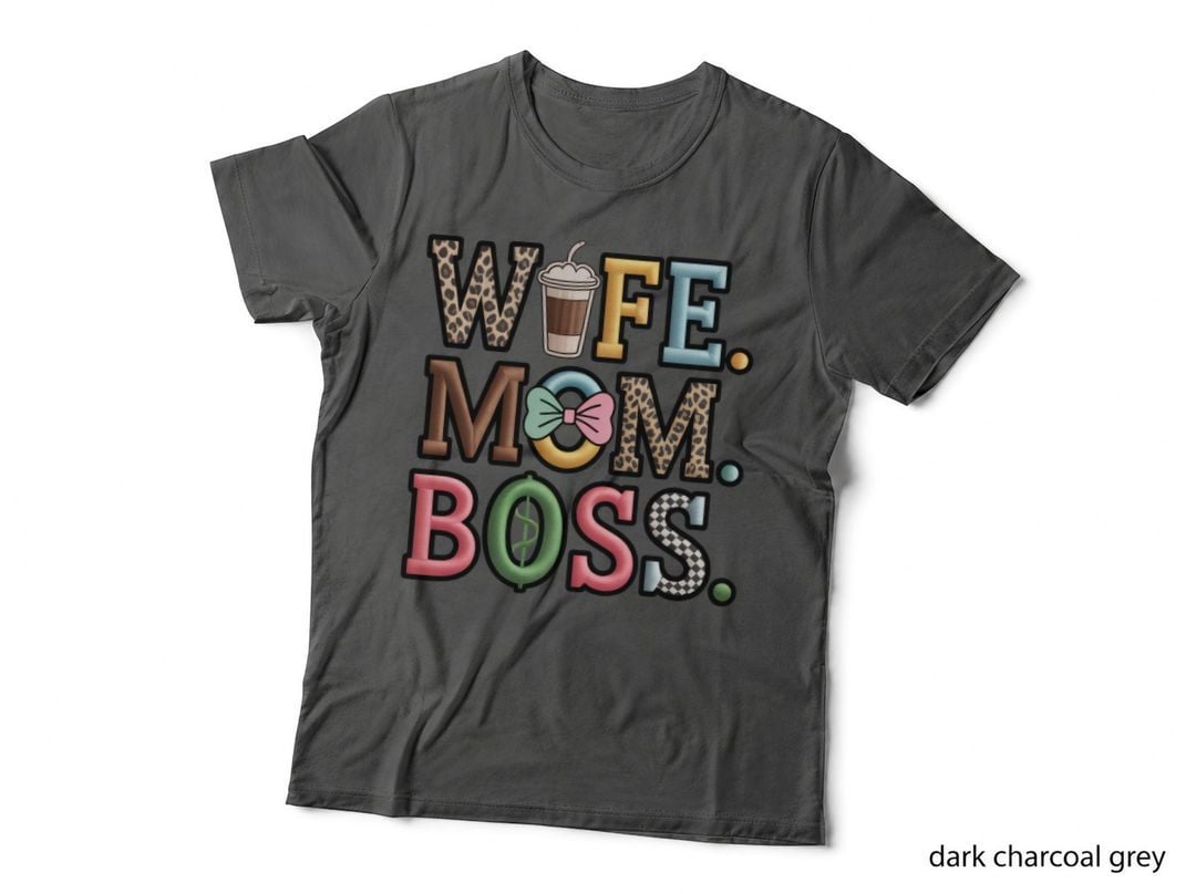 Wife. Mom. Boss. Funny Mama T-Shirt, Leopard Print Coffee Cup Bow Dollar
