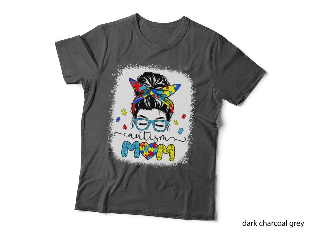Autism Mom Messy Bun Bandana Autism Awareness Bleached T-Shirt