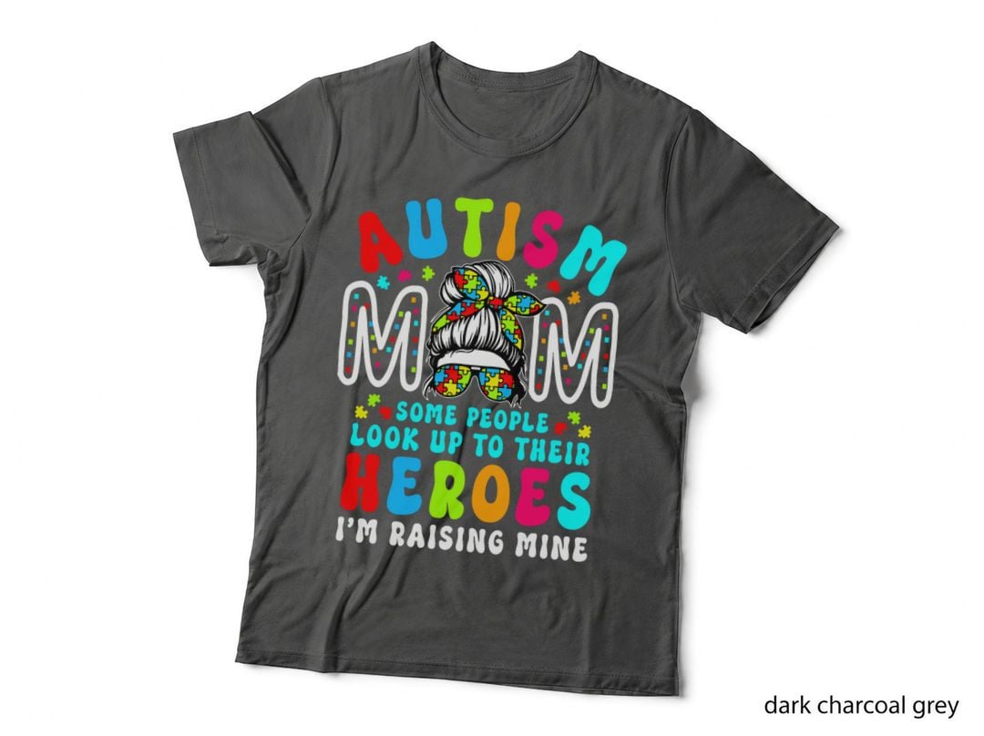 Autism Mom Raising Hero Groovy Messy Bun Autism Awareness T-Shirt