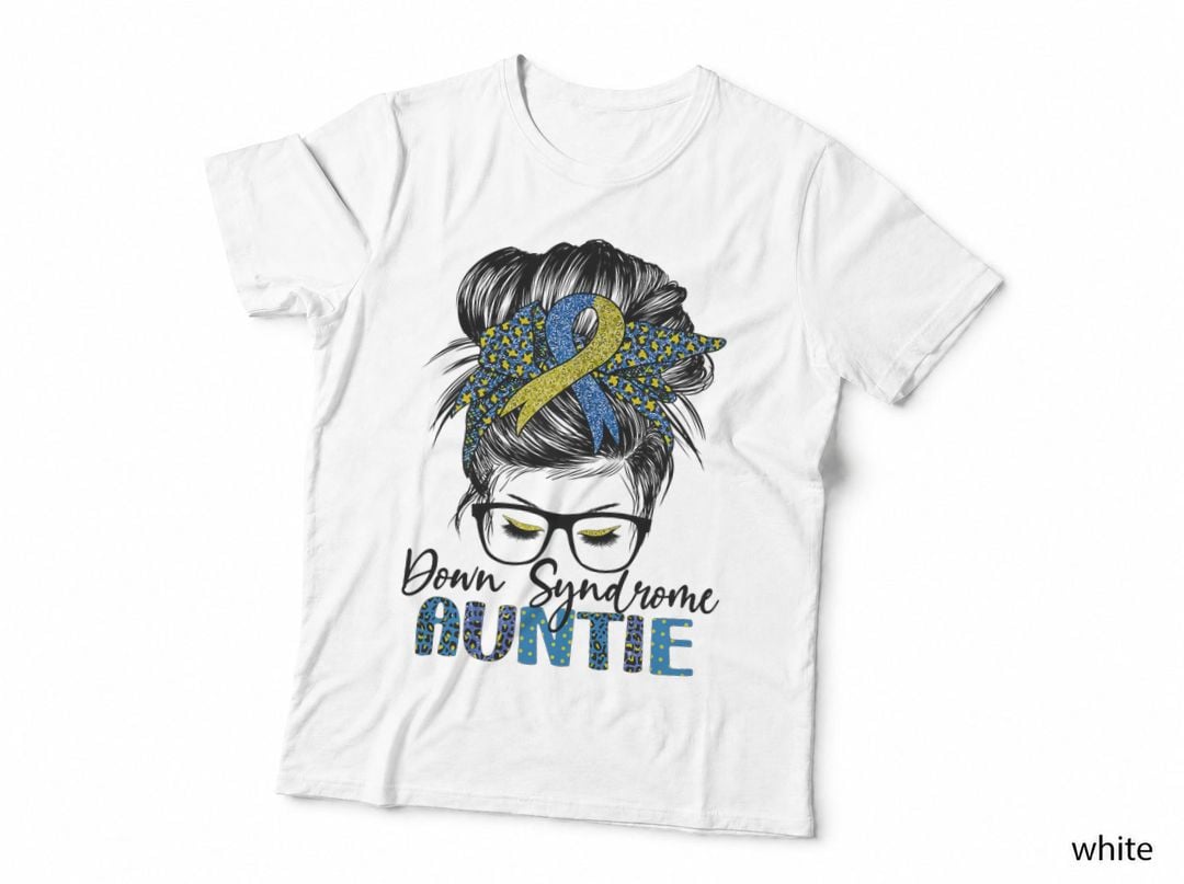 Down Syndrome Auntie Awareness Blue Yellow Ribbon Messy Bun T-Shirt