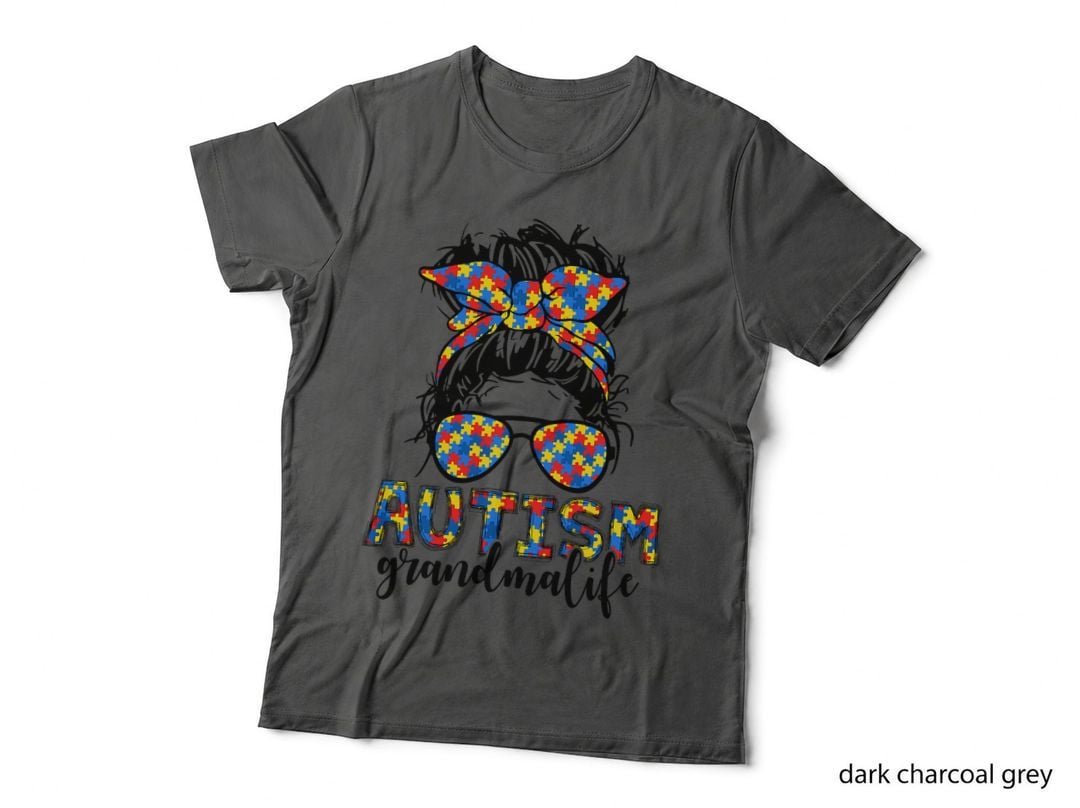 Messy Bun Bandana Grandma Support Women Autism Awareness T-Shirt