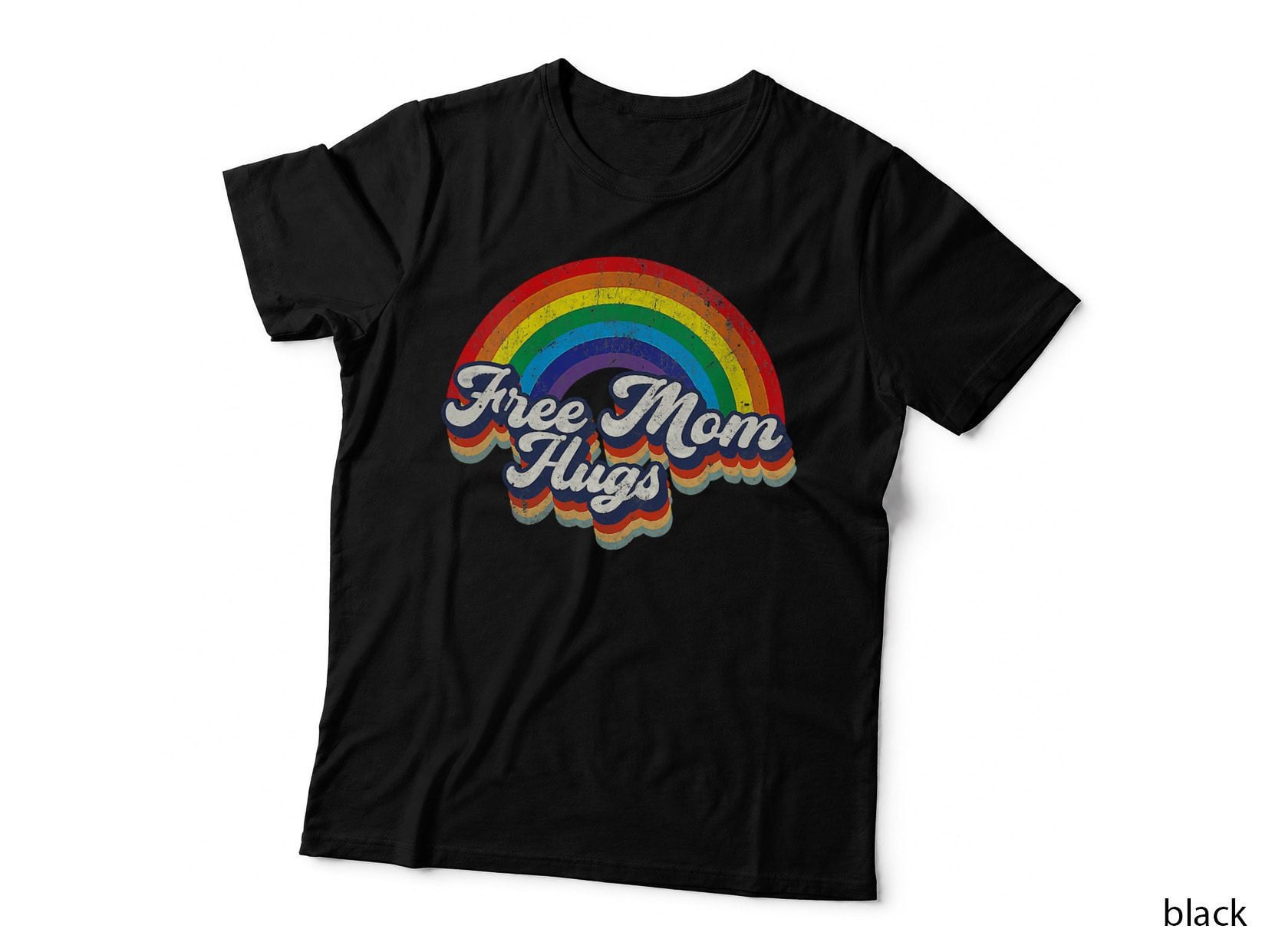 Retro Groovy Free Mom Hugs Rainbow LGBT Gay Lesbian Pride T-Shirt