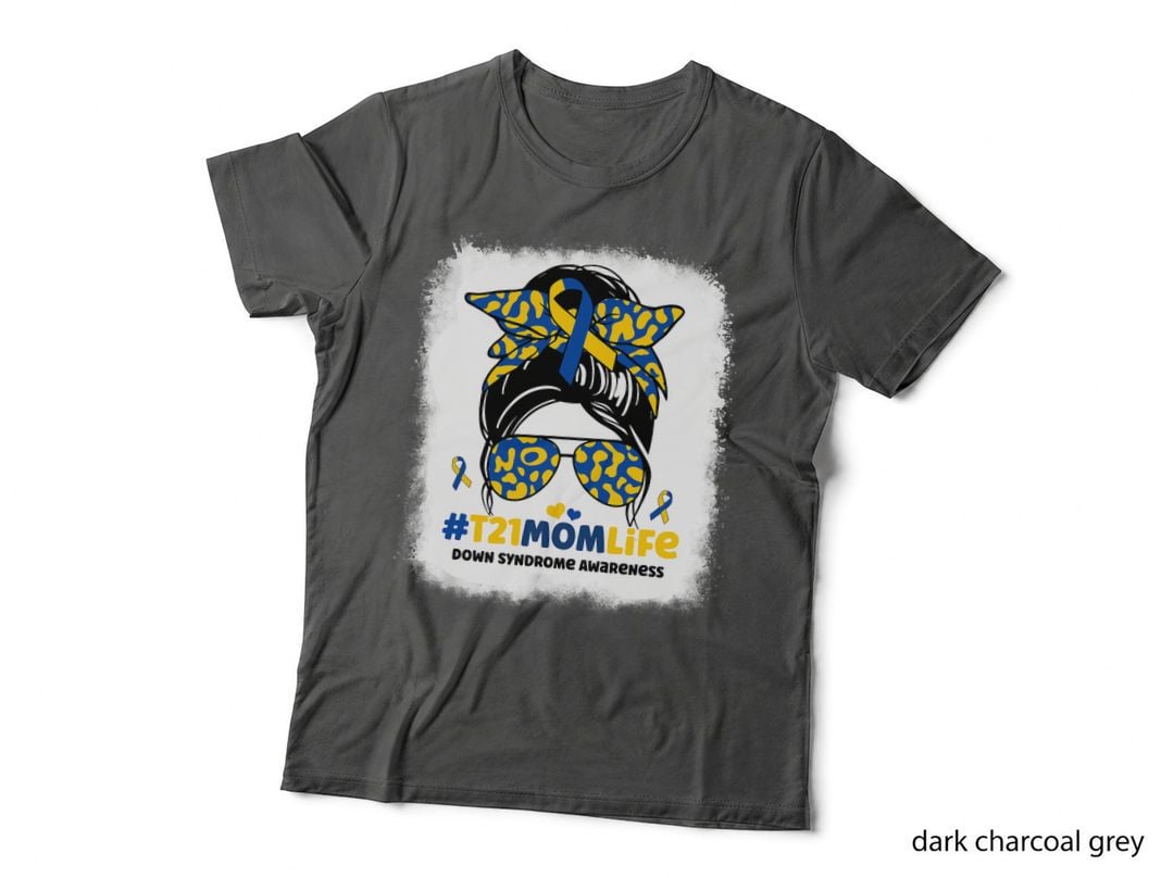 T21 Mom Life Messy Bun Down Syndrome Mom Awareness Ribbon T-Shirt