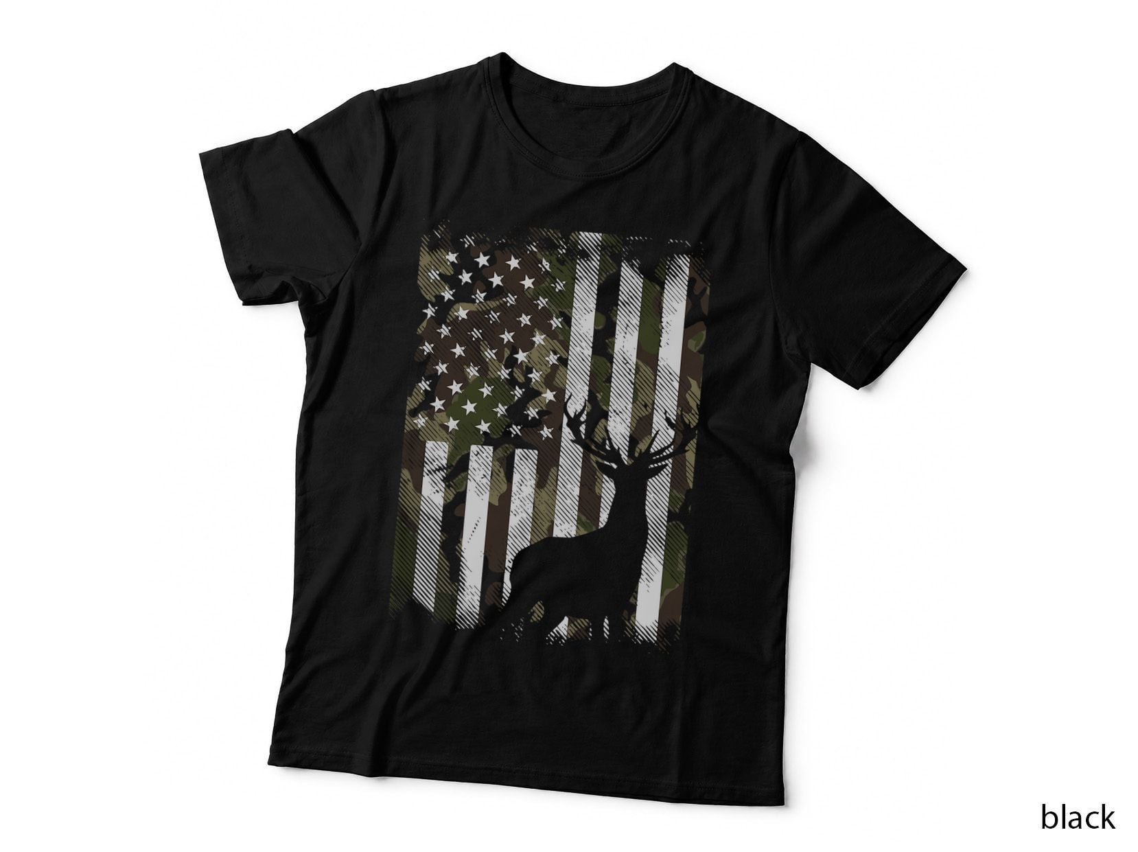 Camo US Flag Deer Elk Buck Camoflage Hunting Hunter Dad Gift T-Shirt