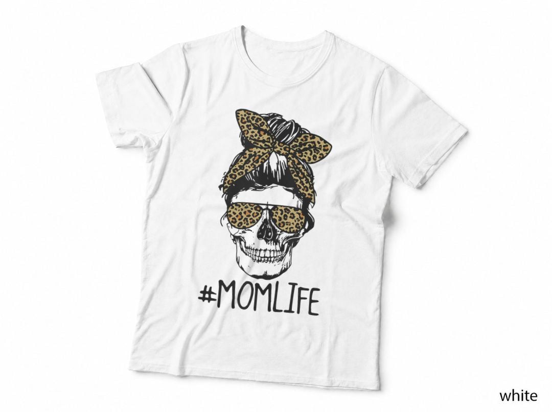 Mom Life Mama Life Messy Bun Dead Tired Mama Leopard Skull T-Shirt