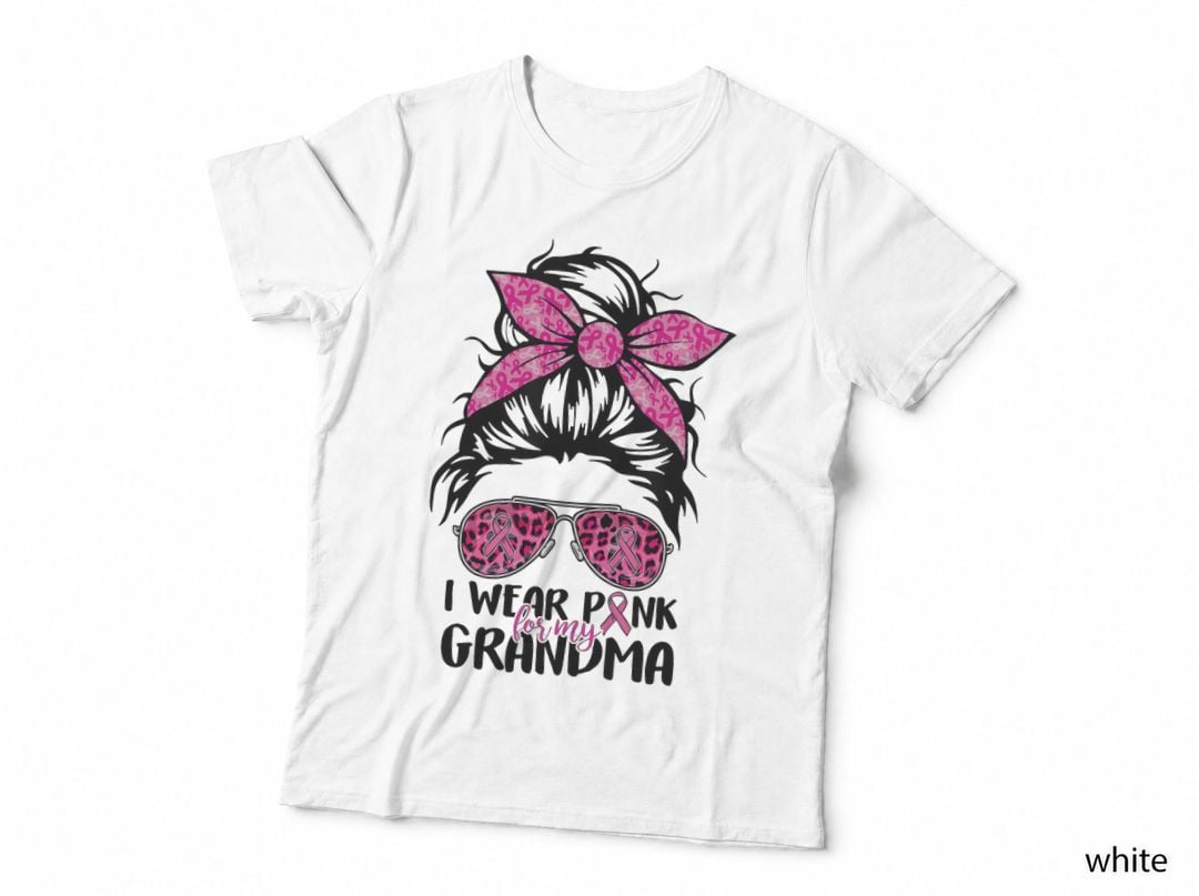 I Wear Pink for My Grandma Messy Bun Breast Cancer Support T-Shirt